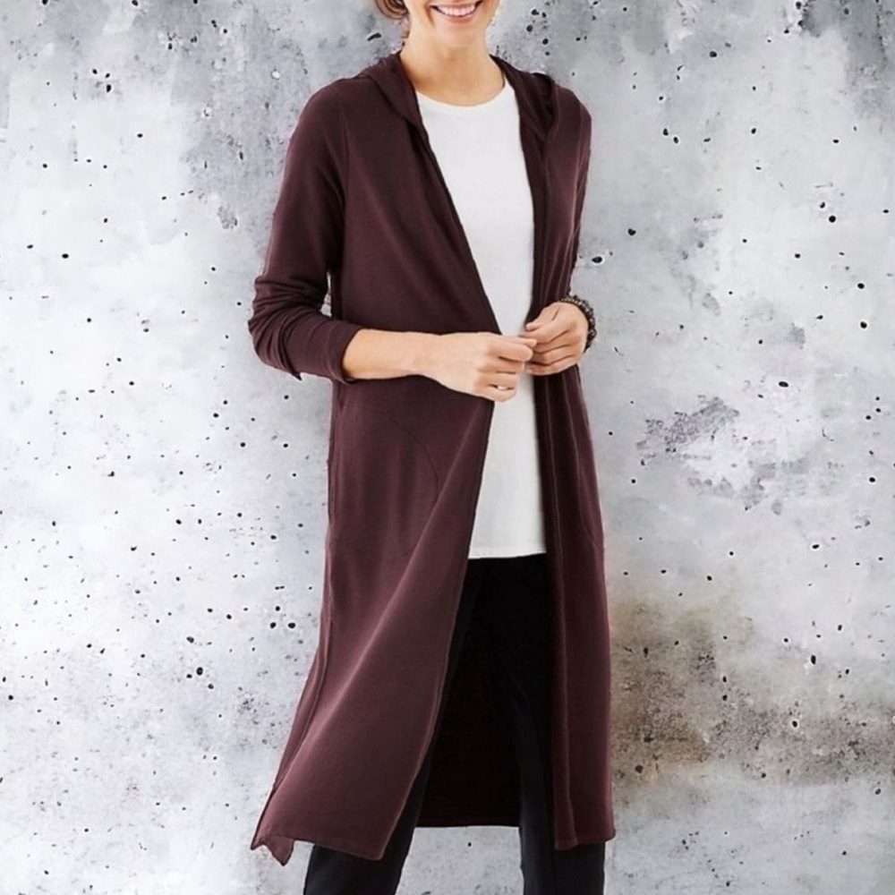 Women’s J.Jill Luxe Tencel burgundy colored hooded cardigan with pockets XS - Picture 1 of 5
